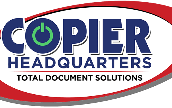 Logo for Copier Headquarters in Los Angeles featuring bold blue text with a green power button inside the O. Below, HEADQUARTERS is in blue and Total Document Solutions, specializing in Copy Machine Sales, sits inside a red oval outline.