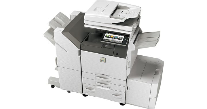 A large, modern Sharp Multifunctional Printer with a touchscreen control panel, multiple paper trays, and various output sections, designed for efficient office use in Los Angeles.