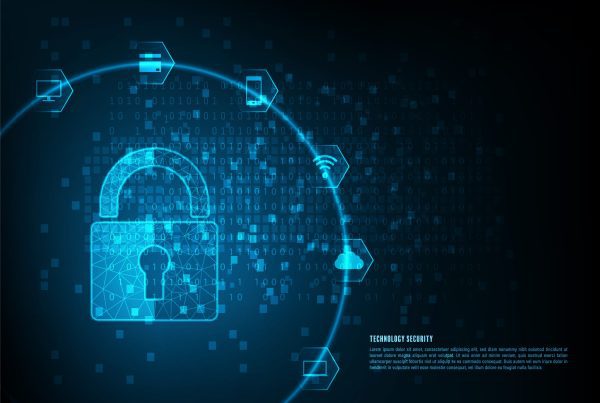 A digital illustration of a padlock surrounded by technology icons, binary code, and a glowing circular line, representing cybersecurity and the need to protect intellectual property in modern document management systems. The dark background features blue light effects and network elements.