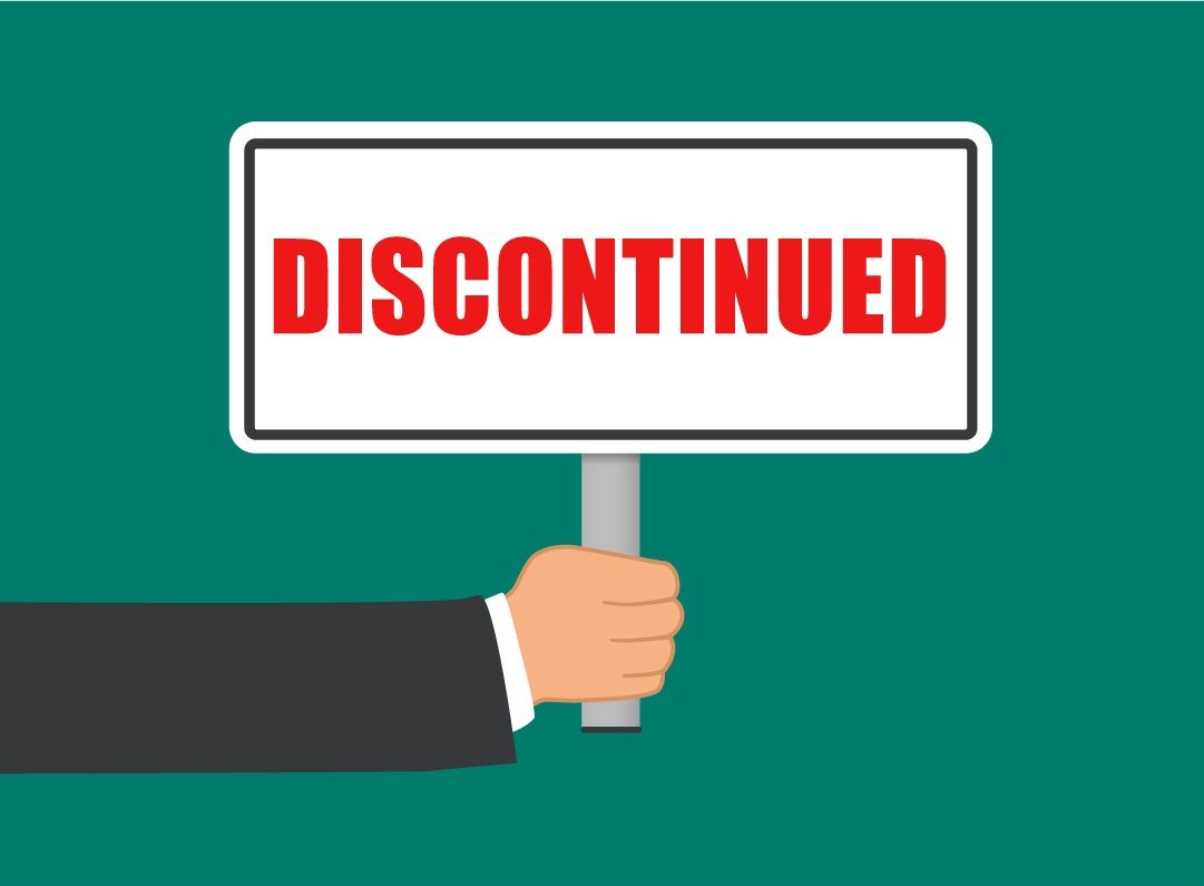 A hand in a suit holds a sign with the word DISCONTINUED written in bold red letters, hinting that Google discontinues the Scan-to-Email feature, set against a solid teal backdrop.