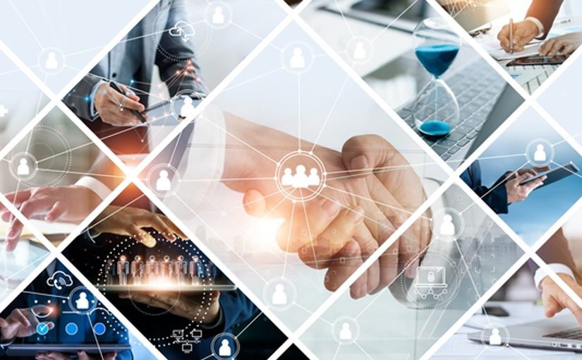 A collage of business-themed images, including people shaking hands, using digital devices, and networking icons, symbolizing teamwork and partnership in a digital era—perfect for showcasing how Managed IT Services can boost your business in 2022.