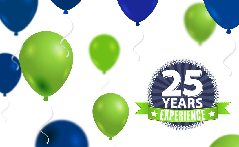 Green and blue balloons float on a white background. On the right, a badge reads “25 Years GoodSuite Anniversary,” with “Experience” highlighted on a green banner.