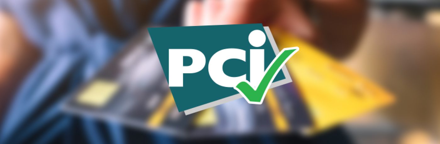 A blurred image of a person holding credit cards, overlaid with the PCI DSS logo and a green checkmark, suggesting Payment Card Industry compliance or security approval.