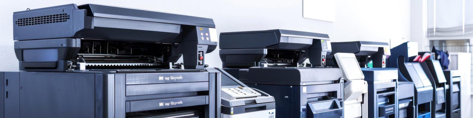 A row of modern 2025 office printers and copiers lines a white wall, each with open trays and control panels visible in the brightly lit room.