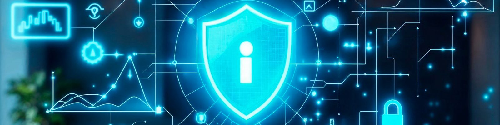 A glowing blue shield with an information icon is surrounded by digital Cybersecurity symbols, graphs, and padlocks, representing data protection and secure technology for small businesses.