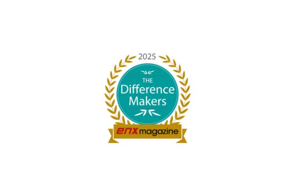 A badge with a gold laurel wreath, the text 2025 Difference Makers in a teal circle, and a gold ribbon at the bottom featuring ENX Magazine in bold black and red text—honoring Industry Rock Stars.