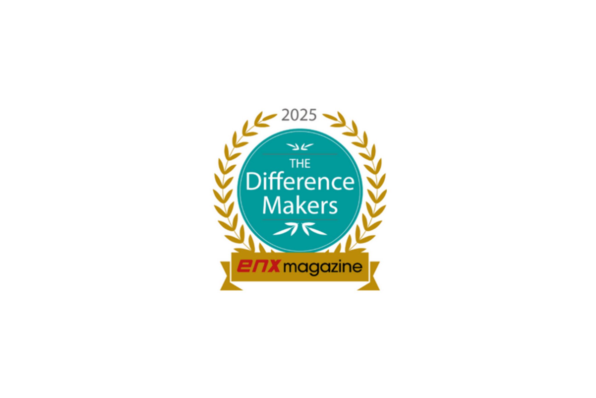 A badge with a gold laurel wreath, the text 2025 Difference Makers in a teal circle, and a gold ribbon at the bottom featuring ENX Magazine in bold black and red text—honoring Industry Rock Stars.