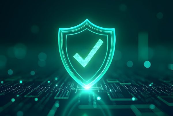 A glowing digital shield with a check mark in the center poses the question: is antivirus enough for small business? Set against a dark background with circuitry and light effects, it symbolizes cybersecurity or data protection.