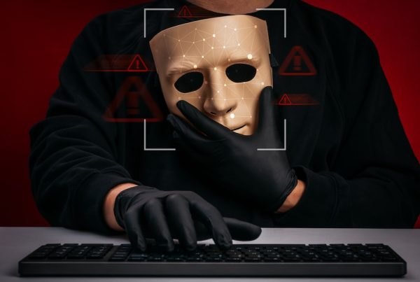 A person wearing black gloves holds a mask in front of their face, with a keyboard in front of them. Digital warning symbols, cybersecurity alerts, and facial recognition graphics are superimposed on the image.